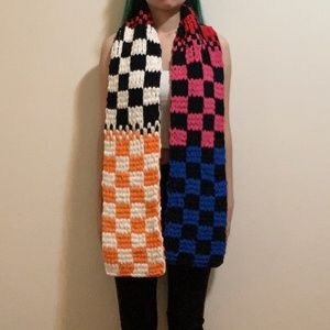 Handknit Black White Red Pink Blue Orange Checkered Knit Scarf Handmade Y2k